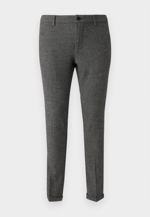Pantaloni gri în carouri, realizati dintr-un material textil, cu închidere tip buton, bucle pentru curea și tivuri pentru un aspect elegant.