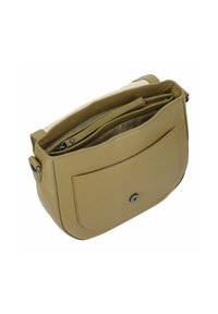 Borsa a tracolla in pelle verde tenue con tasca frontale, hardware in argento e scomparto con zip. Texture liscia e forma strutturata.