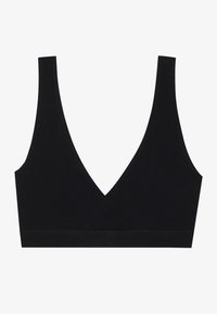 Bralette nera con scollatura a V profonda, spalline larghe e una texture liscia. Presenta una fascia elastica sottile nella parte inferiore.