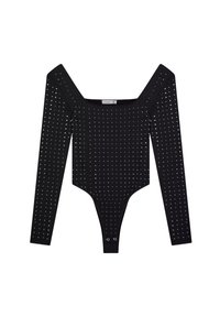 Body nero a maniche lunghe con scollatura quadrata, decorato con punti riflettenti argento, presenta un taglio a perizoma e chiusura a pressione alla base.