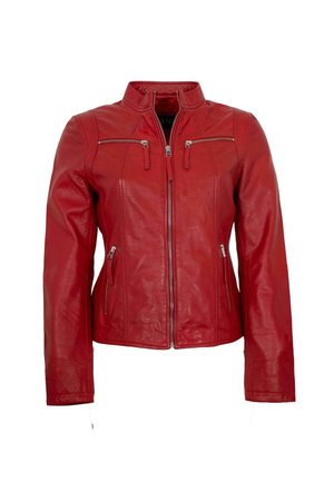 Red leather jacket with standing collar, front zipper, two chest zip pockets, and two side zip pockets, displayed on a white background.