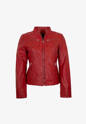 Red leather jacket with standing collar, front zipper, two chest zip pockets, and two side zip pockets, displayed on a white background.