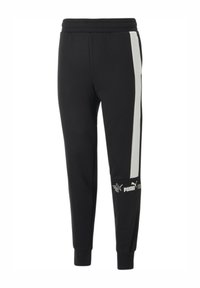 Svarta sweatpants med elastisk midja, slim fit, med vita sidosträck och en logotyp tryckt på vänster lår. Mjuk tygtextur.