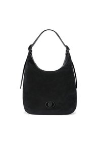 Borsa hobo nera in suede con forma curvata, texture morbida e una sola tracolla. Presenta un emblema decorativo nero alla base.
