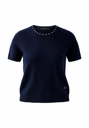 Pull bleu marine à manches courtes en matériau doux, avec un col rond orné de perles décoratives. Étiquette de logo sur l'ourlet.