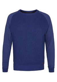Pull en tricot bleu à manches longues, avec un panneau avant texturé et des manches lisses, des poignets côtelés et un ourlet.