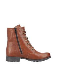 Braune Lederknöchelstiefel mit runder Zehe, seitlichem Reißverschluss und metallischen Schnürsenkel-Akzenten an der Vorderseite. Strukturiert Oberfläche und schwarze Gummisohle.