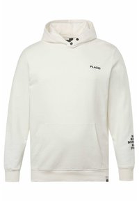 Sudadera color crema con un bolsillo frontal, capucha con cordón y "PLACID" impreso en negro en el pecho. Detalles del texto en las mangas.