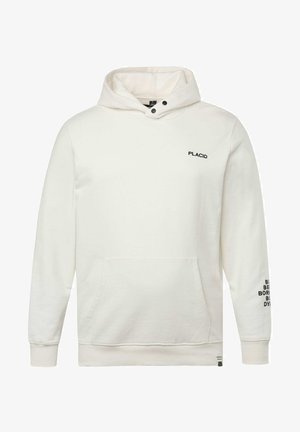 Hoodie w kolorze kremowym z kieszenią z przodu, kapturem ze sznurkiem i napisem "PLACID" w kolorze czarnym na klatce piersiowej. Szczegóły tekstowe na rękawach.
