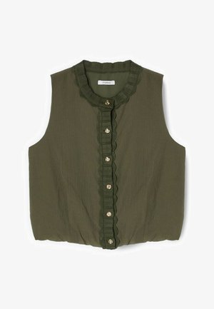 Sleeveless olive green ribbed blouse with scalloped lace trim along collar and button placket, featuring six gold buttons.
