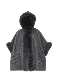 Poncho kuosi houndstooth mustasta ja harmaasta, jossa on pehmeä, turkistasuinen huppu, hihansuut ja kaksi etutaskua. Pehmeä rakenne ja ylisuuri malli.