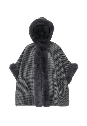 Poncho a motivo pied de poule in bianco e nero con cappuccio foderato in pelliccia, polsini e due tasche frontali. Texture morbida e design oversize.