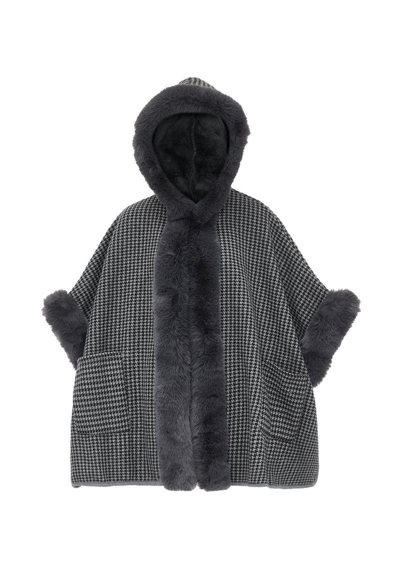 Poncho kuosi houndstooth mustasta ja harmaasta, jossa on pehmeä, turkistasuinen huppu, hihansuut ja kaksi etutaskua. Pehmeä rakenne ja ylisuuri malli.