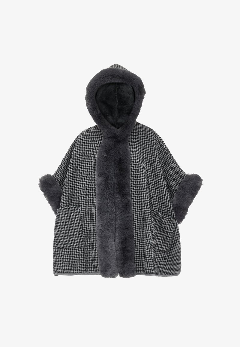 Poncho kuosi houndstooth mustasta ja harmaasta, jossa on pehmeä, turkistasuinen huppu, hihansuut ja kaksi etutaskua. Pehmeä rakenne ja ylisuuri malli.