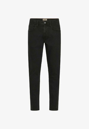 Jeans negre slim-fit din denim, cu închidere cu nasture, cinci buzunare și un design curat, minimalist.