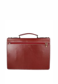 Una valigetta rossa in pelle con una superficie liscia, forma rettangolare, manico superiore e una tasca con zip sul retro. Cuciture bianche che accentuano.