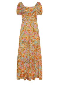 Sukienka maxi z kwadratowym dekoltem, bufkami i kwiatowym wzorem w odcieniach pomarańczowego, różowego i niebieskiego. Wykonana z lekkiego, teksturowanego materiału.