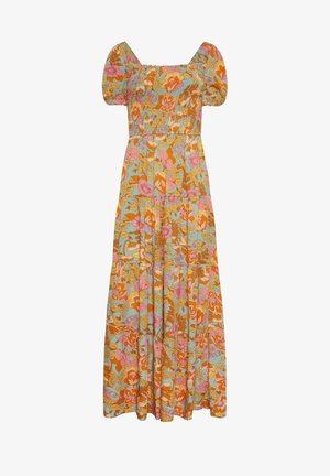 Vestido maxi con escote cuadrado, mangas abullonadas y un patrón floral en naranja, rosa y azul. Hecho de una tela ligera y texturizada.