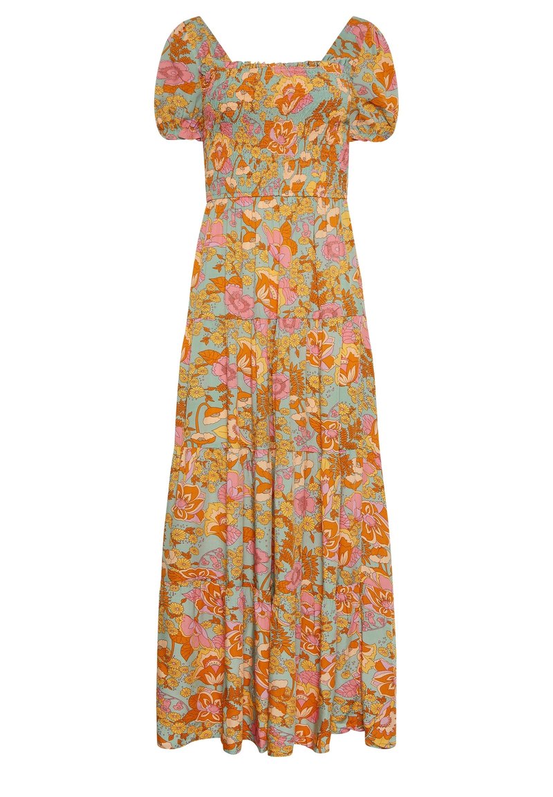 Sukienka maxi z kwadratowym dekoltem, bufkami i kwiatowym wzorem w odcieniach pomarańczowego, różowego i niebieskiego. Wykonana z lekkiego, teksturowanego materiału.