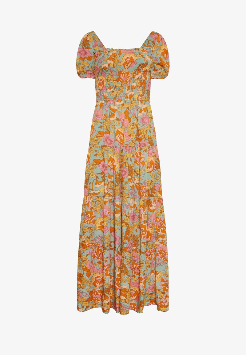 Sukienka maxi z kwadratowym dekoltem, bufkami i kwiatowym wzorem w odcieniach pomarańczowego, różowego i niebieskiego. Wykonana z lekkiego, teksturowanego materiału.