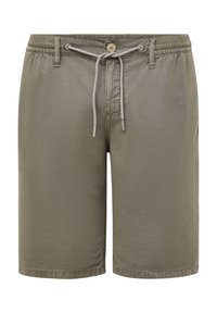 Herren Shorts in gedämpftem Olivgrün, hergestellt aus leichtem Stoff. Sie verfügen über einen elastischen Bund mit Kordelzug und einen Knopfverschluss.