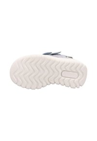 Biała gumowa podeszwa o falistym wzorze, z jasnoniebieskim tekstylnym cholewką i rzepem. Prosty design bez dekoracyjnych akcentów.
