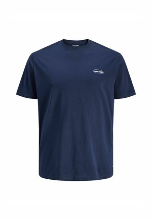 Navy blue cotton t-shirt with short sleeves, crew neck, and a small white logo on the left chest. Smooth texture, standard fit.