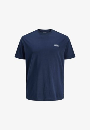 Navy blue cotton t-shirt with short sleeves, crew neck, and a small white logo on the left chest. Smooth texture, standard fit.