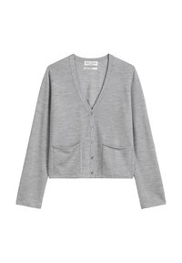 Cardigan grigio corto con maniche lunghe, scollo a V, chiusura frontale con bottoni e due tasche anteriori. Realizzato in un morbido tessuto testurizzato.