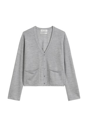 Gray cropped cardigan with long sleeves, V-neckline, front button closure, and two front pockets. Made from soft, textured fabric.
