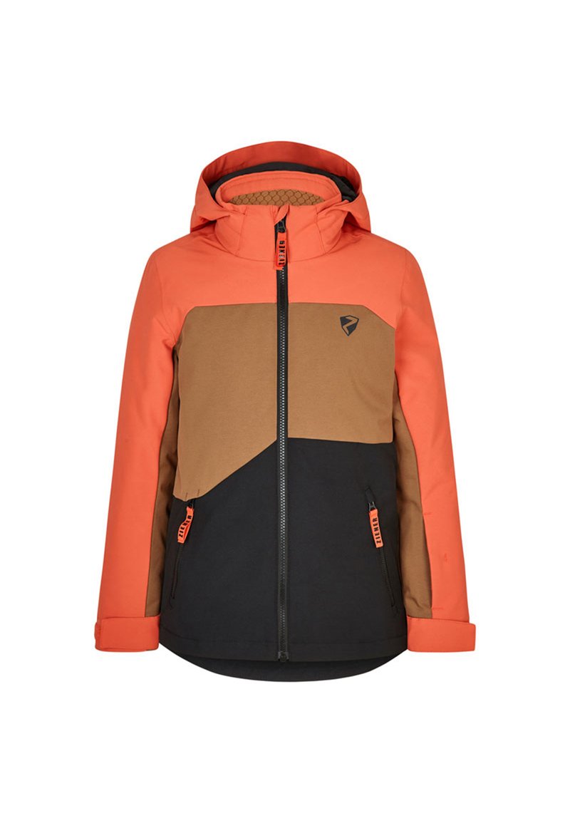 Farbblockierte Jacke mit einem Design in Orange, Braun und Schwarz. Verfügt über einen Reißverschluss vorne, eine Kapuze und zwei seitliche Reißverschlusstaschen. Texturiertes Innenfutter.