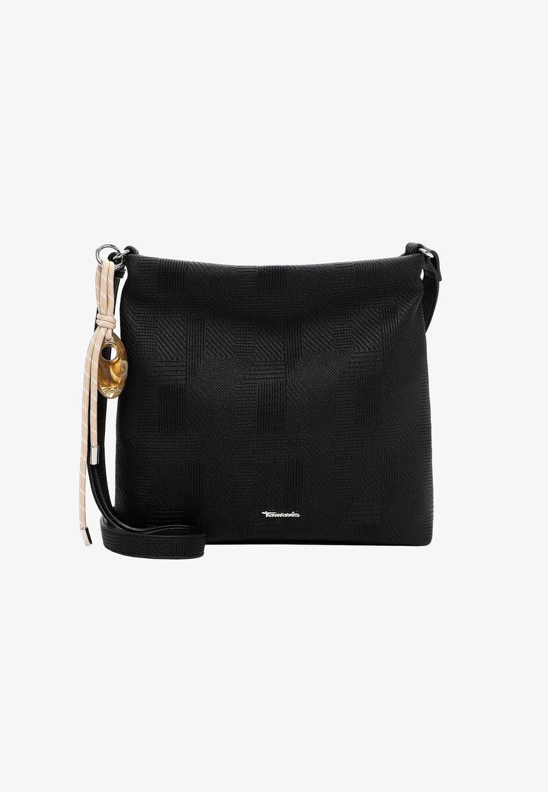 Sac bandoulière noir à texture avec bandoulière réglable, pompon beige et décoration de perles ambres sur fond blanc.