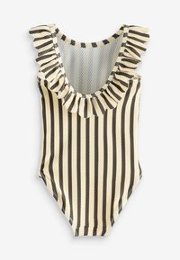 Gestreifter Einteiler-Badeanzug mit Rüschenausschnitt in Beige und Braun. Texturiertes Material mit vertikalen Streifen und einem runden Rückendesign.