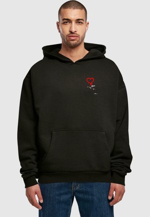 Sort hættetrøje lavet af en bomuldsblanding, med et rødt hjertegrafik og en frontlomme i kangaroo-stil. Løs pasform med rummelig hætte og ribbede manchetter.