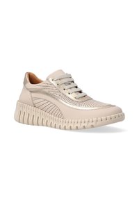 Helle beige Sneaker aus perforiertem Leder, mit metallischen Akzenten, runder Spitze und strukturiertem Sohlen. Verfügt über ein gesticktes Design und eine Schnürung.