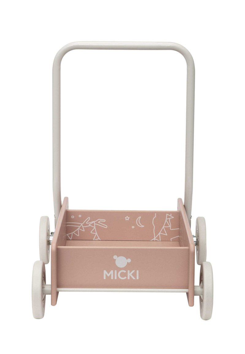 Træskubbevogn med en lyserød bund og hvide hjul. Har linjetegninger af dyr og stjerner indeni vognen. Mærkenavn vises.
