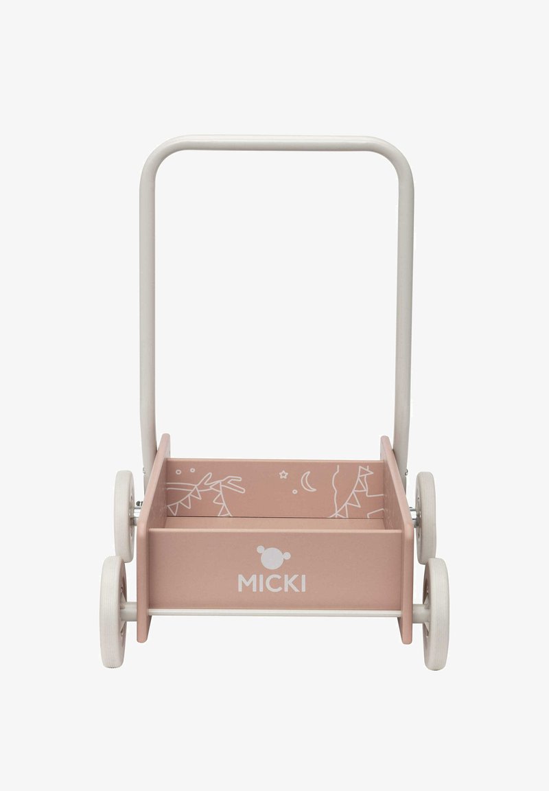 Carro de empuje de madera con una base de color rosa claro y ruedas blancas. Presenta dibujos lineales de animales y estrellas dentro del carro. Nombre de la marca mostrado.