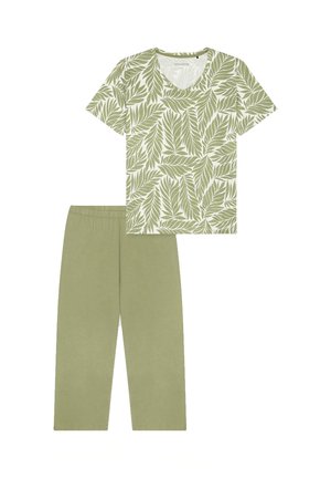 Vihreä, lehtikuvioitu lyhythihainen paita yhdistettynä yksivärisiin vihreisiin housuihin. Molemmat on valmistettu pehmeästä, hengittävästä kankaasta, jossa on joustava vyötärönauha.