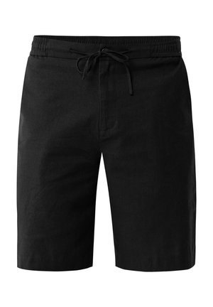 Pantalones cortos de lino negros con cinturilla elástica y cordón ajustable. Piernas rectas y textura suave, sin patrones visibles.