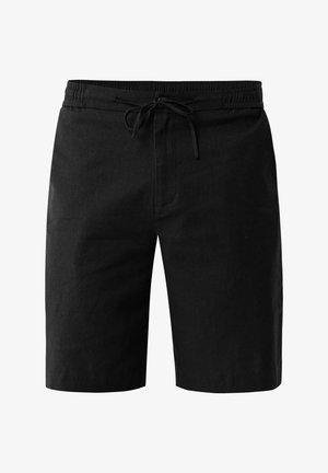 Pantalones cortos de lino negros con cinturilla elástica y cordón ajustable. Piernas rectas y textura suave, sin patrones visibles.