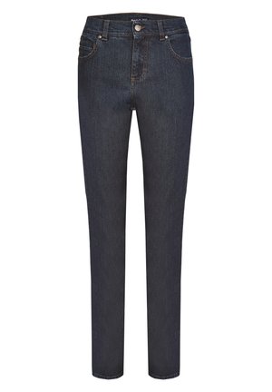 Dunkelblaue Denim-Jeans mit geradem Bein, hoher Taille und klassischem Fünf-Taschen-Design. Verfügt über einen Reißverschluss vorne und dezente Nähte.