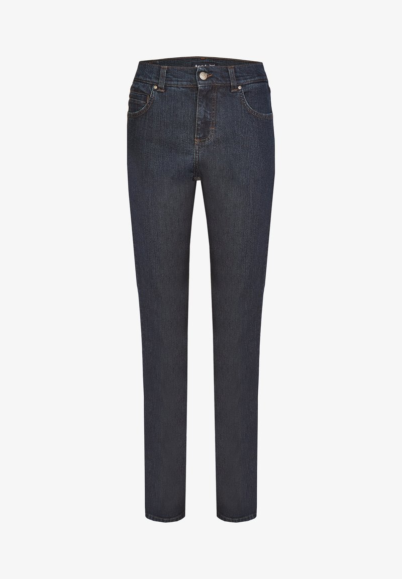 Dark blue denim jeans with a straight leg design, high waist, and classic five-pocket style. Features a front zip closure and subtle stitching.