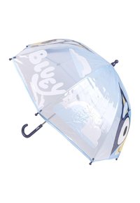 Transparante blauwe paraplu met een karakterontwerp, witte tekst "BLUEY" en een gebogen donkerblauwe handgreep. Lichtgewicht, gemakkelijk mee te nemen.
