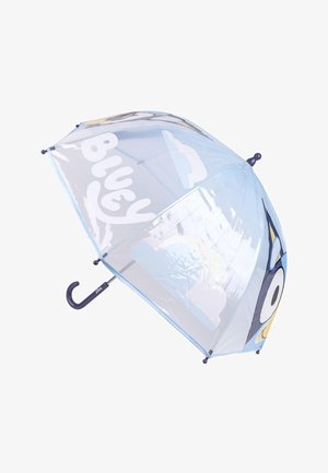 Transparante blauwe paraplu met een karakterontwerp, witte tekst "BLUEY" en een gebogen donkerblauwe handgreep. Lichtgewicht, gemakkelijk mee te nemen.