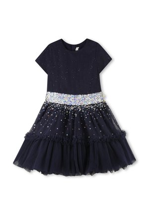 Marineblauwe korte mouwen jurk met glinsterende details, pailletten tailleband en gelaagde geplooide tule rok.