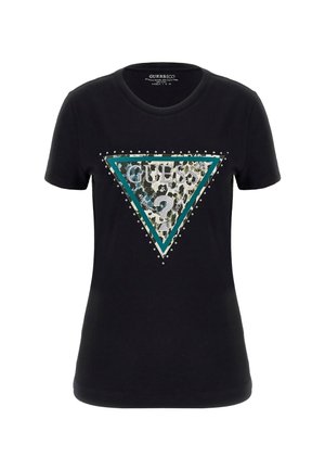 Black t-shirt featuring a triangular graphic with a leopard print pattern and teal accents, embellished with silver studs around the design.