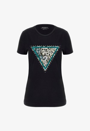 T-shirt noir avec un motif graphique triangulaire arborant un imprimé léopard et des accents turquoise, orné de clous en argent autour du design.
