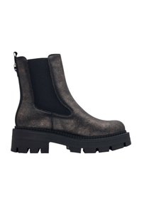 Bottines à talons épais en noir scintillant et bronze, dotées de panneaux élastiques sur les côtés, d'une languette et d'une semelle en plateforme texturée.