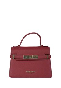 Borsa a mano in similpelle rossa con una forma strutturata, manico superiore, ferrature dorate e dettaglio con fermaglio. Finitura testurizzata con logo alla base.