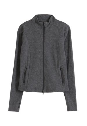 Mørkegrå langærmet lynlåstrøje med opretstående krave, to forlommer med lynlås og ærmeafslutninger med hul til tommelfinger.